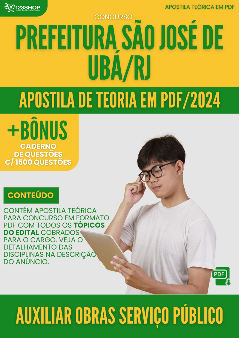 Apostila Teórica para Concurso Pref São José de Ubá RJ 2024 Auxiliar Obras Serviço Público - Com Caderno de Questões