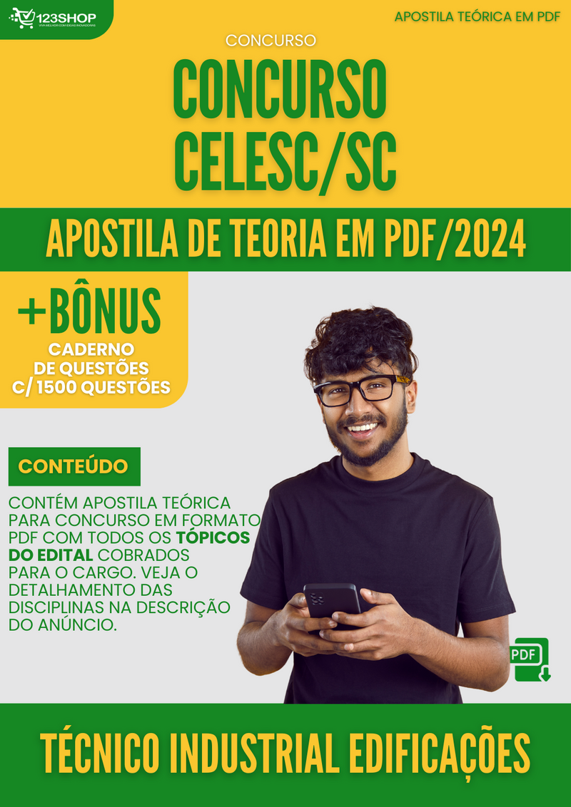 Apostila Teórica para Concurso CELESC SC 2024 Técnico Industrial Edificações - Com Caderno de Questões