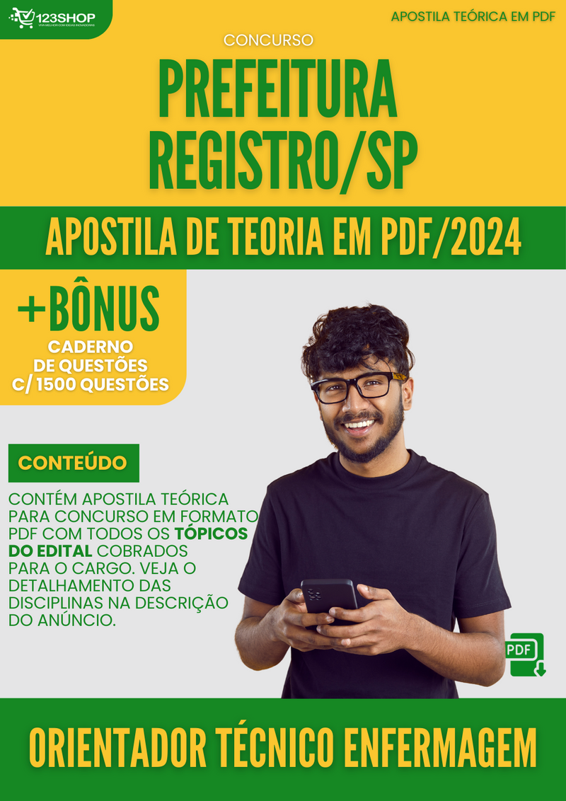 Apostila Teórica para Concurso Prefeitura Registro SP 2024 Orientador Técnico Enfermagem - Com Caderno de Questões