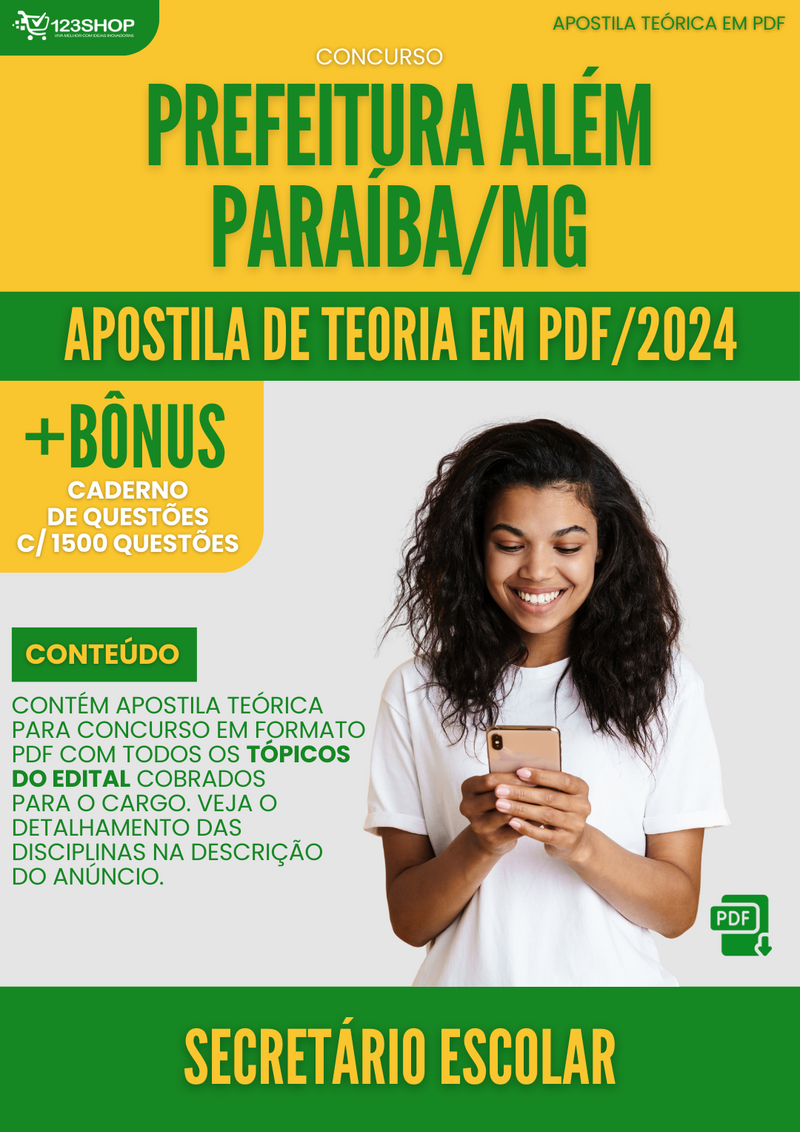 Apostila Teórica para Concurso Prefeitura Além Paraíba MG 2024 Secretário Escolar - Com Caderno de Questões