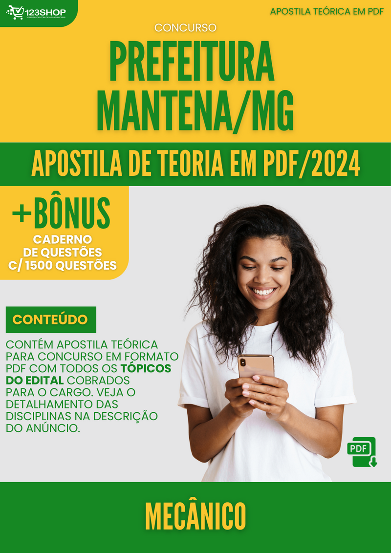 Apostila Teórica para Concurso Pref Mantena MG 2024 Mecânico - Com Caderno de Questões
