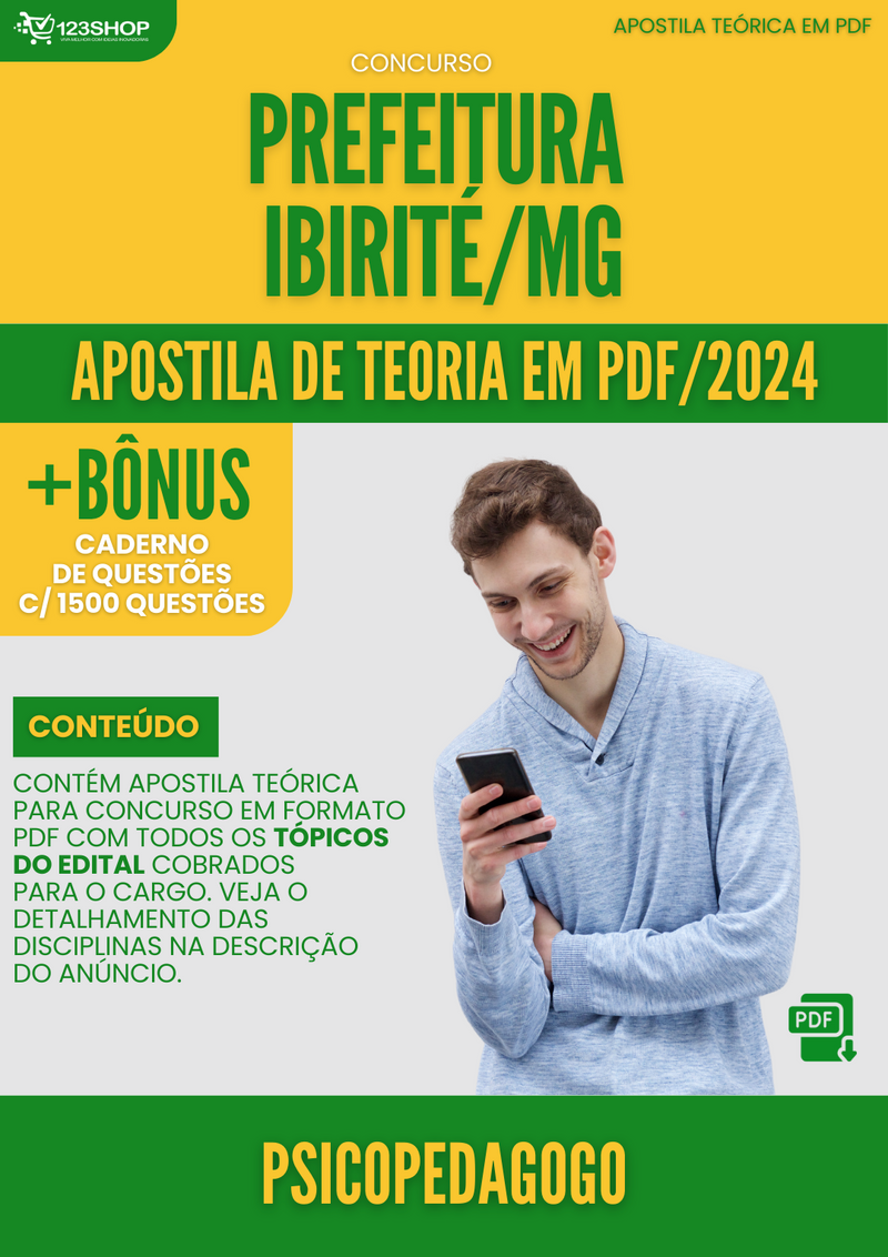 Apostila Teórica para Concurso Pref Ibirité MG 2024 Psicopedagogo - Com Caderno de Questões