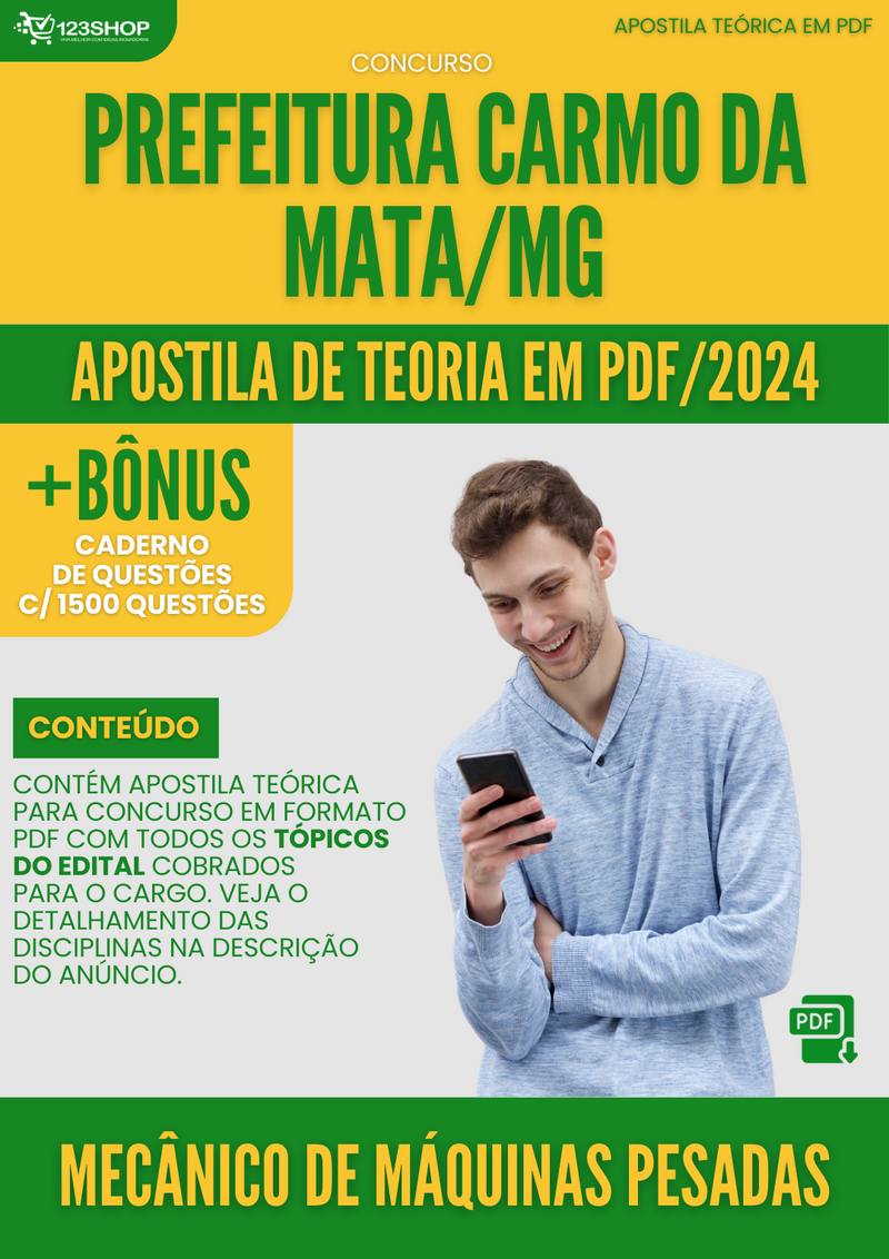 Apostila Teórica para Concurso Pref Carmo Mata MG 2024 Mecânico Máquinas Pesadas - Com Caderno de Questões