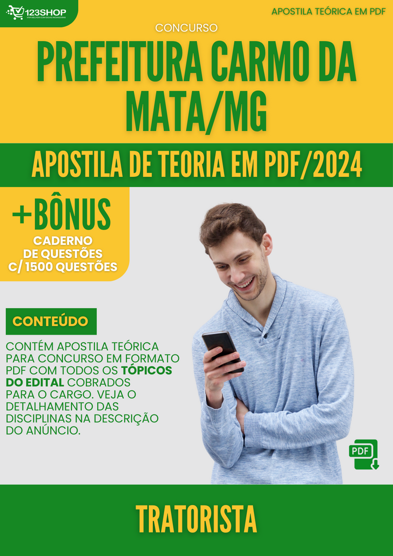 Apostila Teórica para Concurso Prefeitura Carmo Mata MG 2024 Tratorista - Com Caderno de Questões
