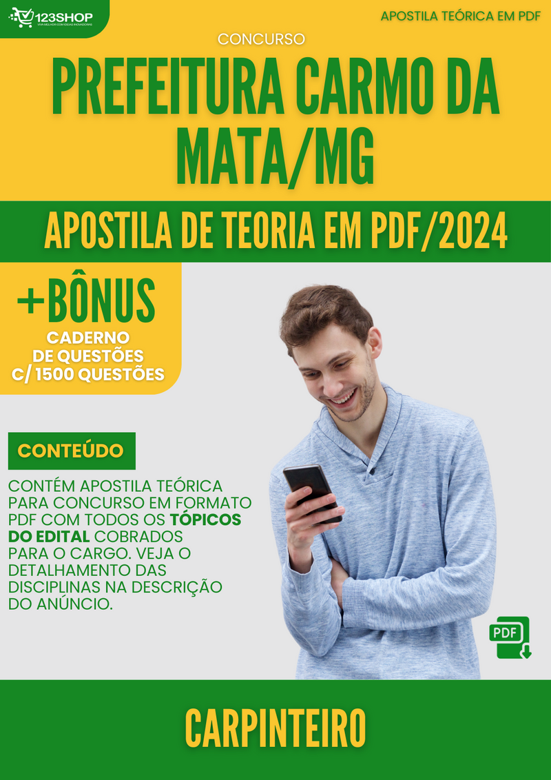 Apostila Teórica para Concurso Prefeitura Carmo Mata MG 2024 Carpinteiro - Com Caderno de Questões