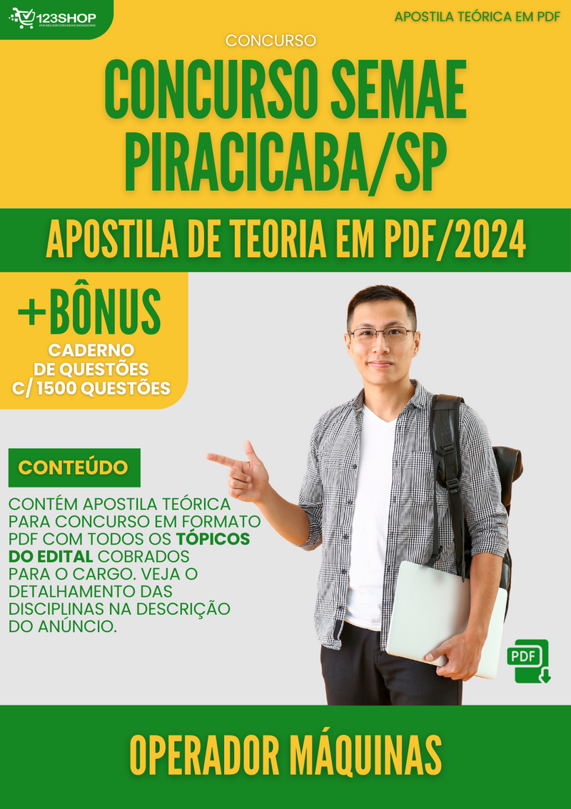 Apostila Teórica para Concurso SEMAE Piracicaba SP 2024 Operador Máquinas - Com Caderno de Questões