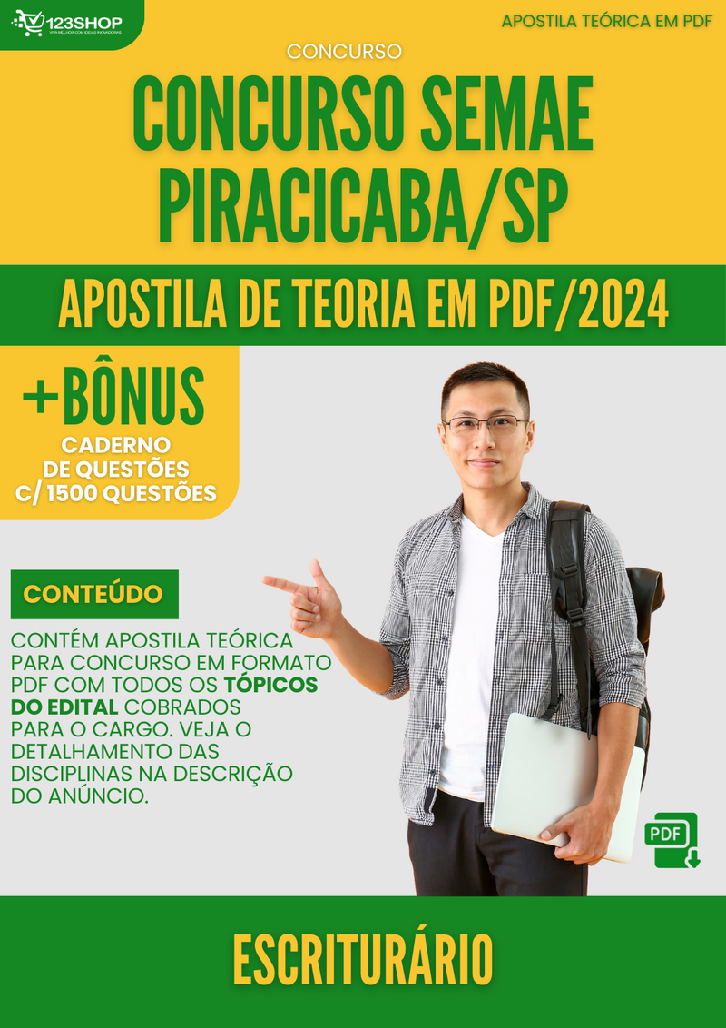Apostila Teórica para Concurso SEMAE Piracicaba SP 2024 Escriturário - Com Caderno de Questões