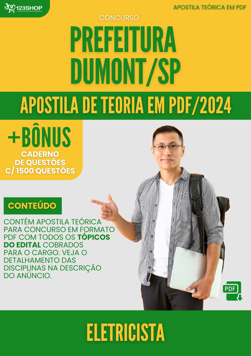 Apostila Teórica para Concurso Pref Dumont SP 2024 Eletricista - Com Caderno de Questões