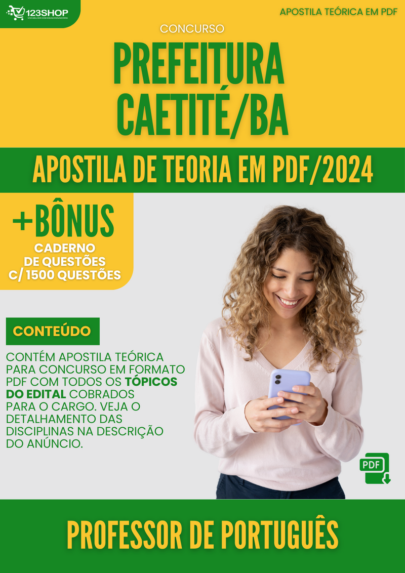 Apostila Teórica para Concurso Prefeitura Caetité BA 2024 Professor de Português - Com Caderno de Questões
