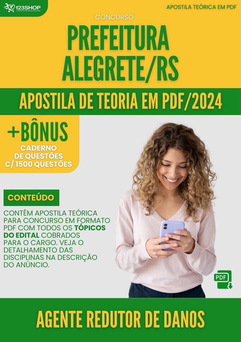 Apostila Teórica para Concurso Prefeitura Alegrete RS 2024 Agente Redutor de Danos - Com Caderno de Questões