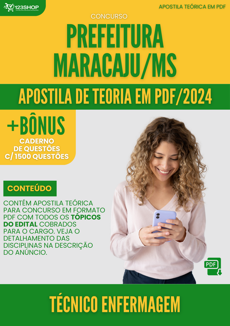 Apostila Teórica para Concurso Pref Maracaju MS 2024 Técnico Enfermagem - Com Caderno de Questões