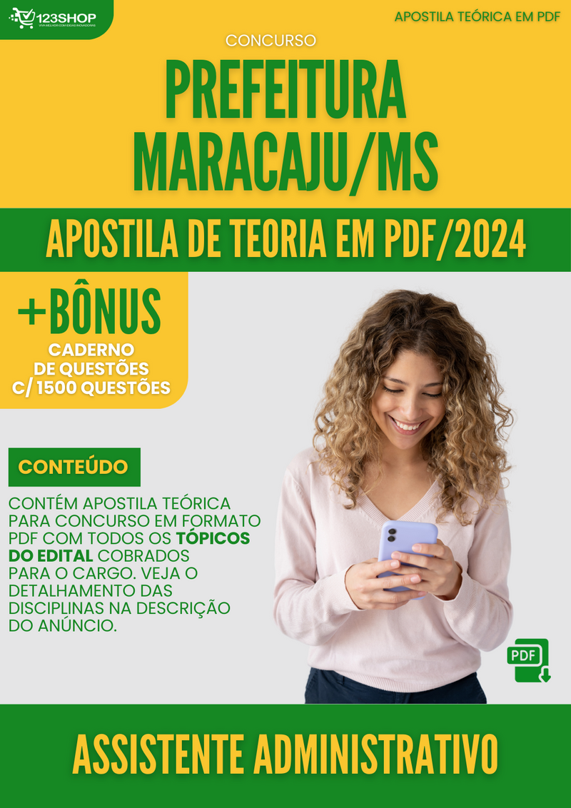 Apostila Teórica para Concurso Pref Maracaju MS 2024 Assistente Administrativo - Com Caderno de Questões