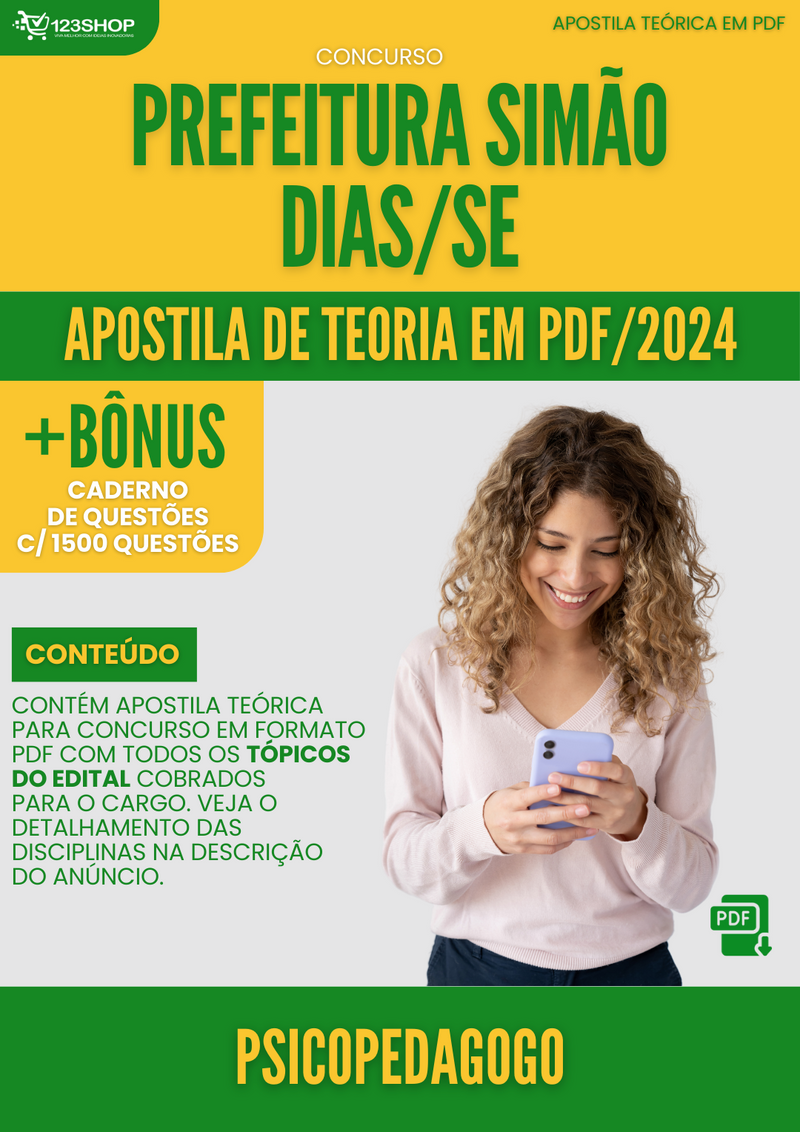 Apostila Teórica para Concurso Pref Simão Dias SE 2024 Psicopedagogo - Com Caderno de Questões