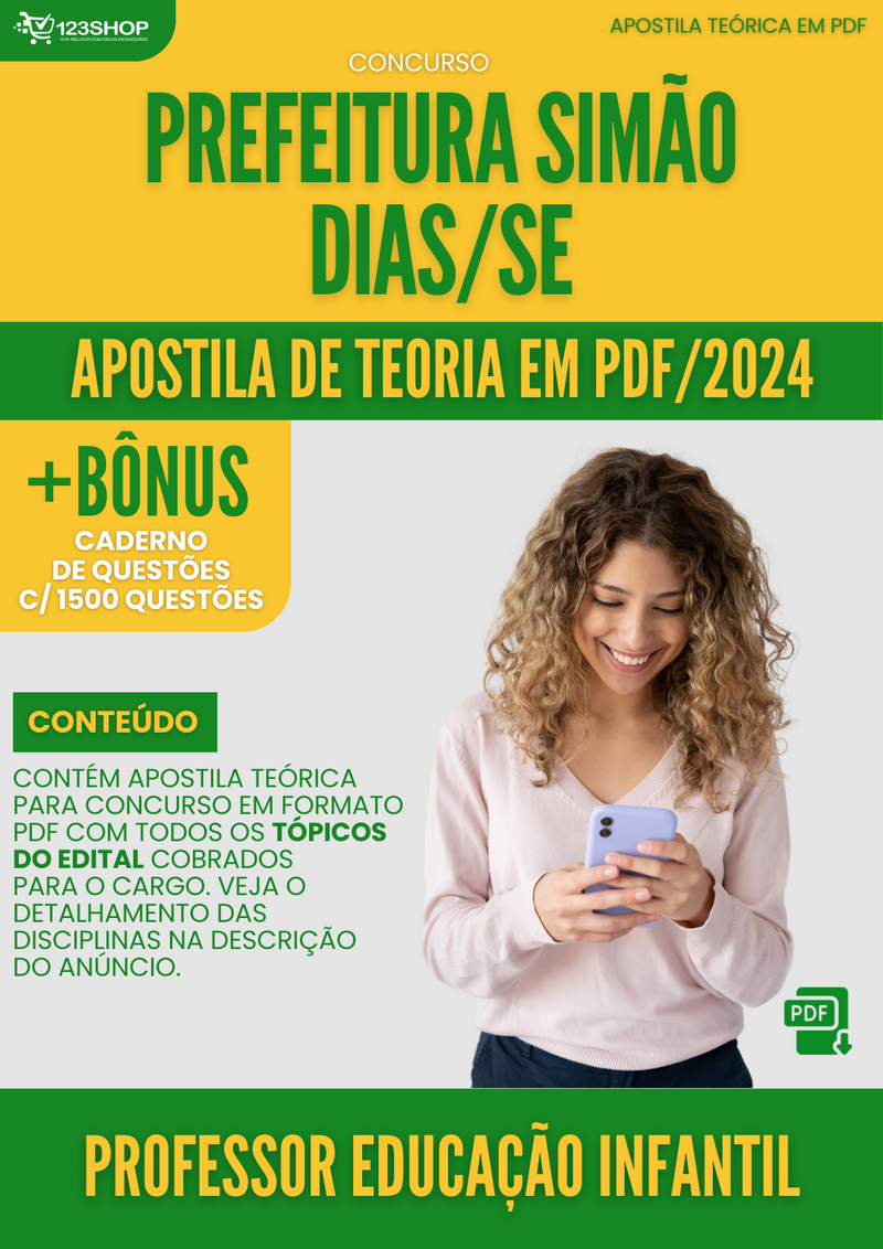 Apostila Teórica para Concurso Pref Simão Dias SE 2024 Professor Educação Infantil - Com Caderno de Questões