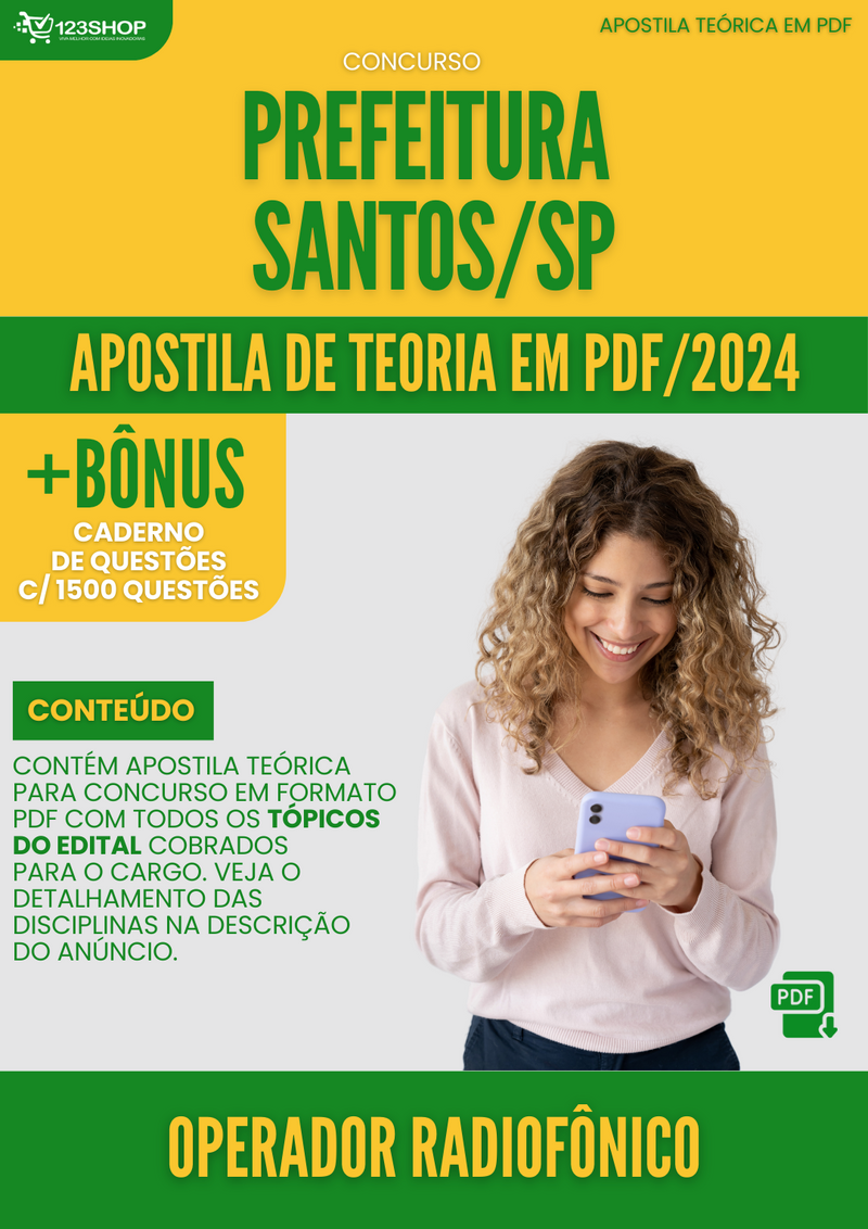 Apostila Teórica para Concurso Pref Santos SP 2024 Operador Radiofônico - Com Caderno de Questões