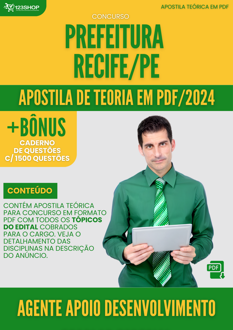 Apostila Teórica para Concurso Pref Recife PE 2024 Agente Apoio Desenvolvimento Escolar Especial - Com Caderno de Questões