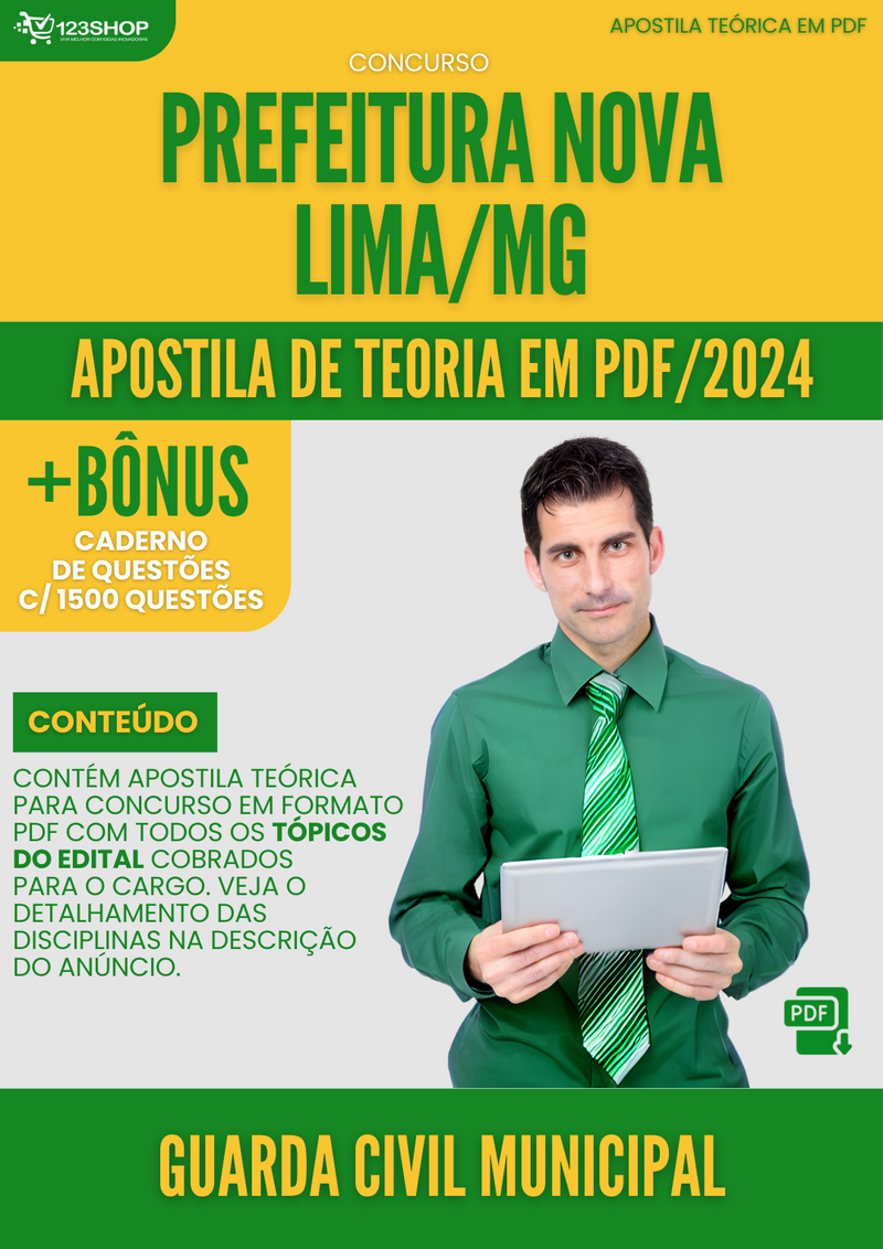 Apostila Teórica para Concurso Pref Nova Lima MG 2024 Guarda Civil Municipal - Com Caderno de Questões