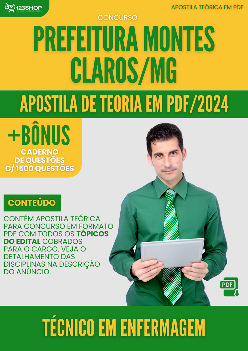 Apostila Teórica para Concurso Pref Montes Claros MG 2024 Técnico em Enfermagem - Com Caderno de Questões