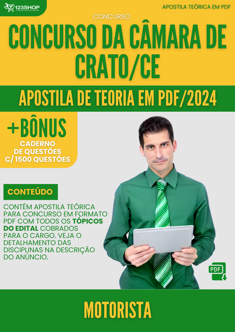 Apostila Teórica para Concurso Câmara Crato CE 2024 Motorista - Com Caderno de Questões