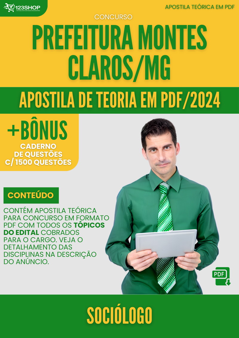 Apostila Teórica para Concurso Prefeitura Montes Claros MG 2024 Sociólogo - Com Caderno de Questões