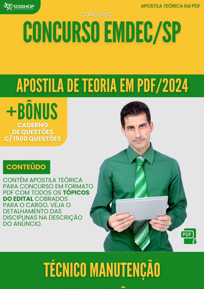 Apostila Teórica para Concurso EMDEC SP 2024 Técnico Manutenção Eletroeletrônica - Com Caderno de Questões