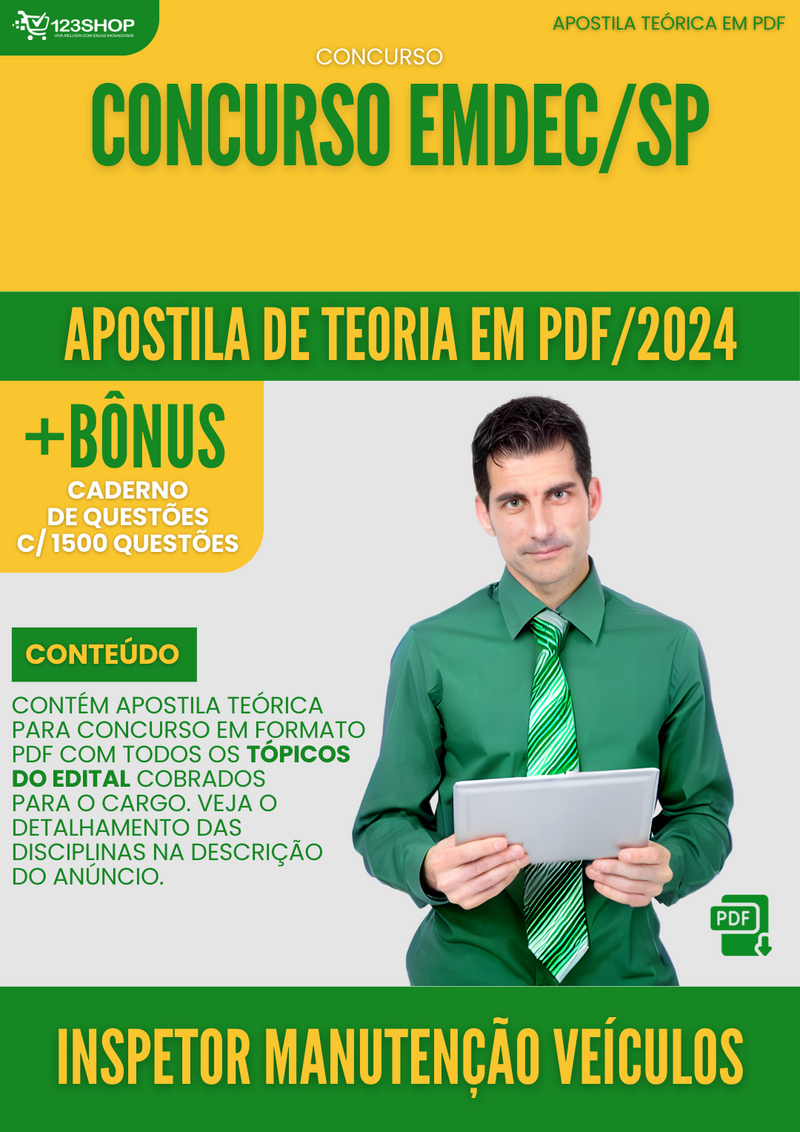 Apostila Teórica para Concurso EMDEC SP 2024 Inspetor Manutenção Veículos - Com Caderno de Questões