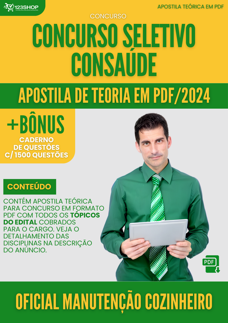 Apostila Teórica para Concurso Seletivo CONSAÚDE 2024 Oficial Manutenção Cozinheiro - Com Caderno de Questões