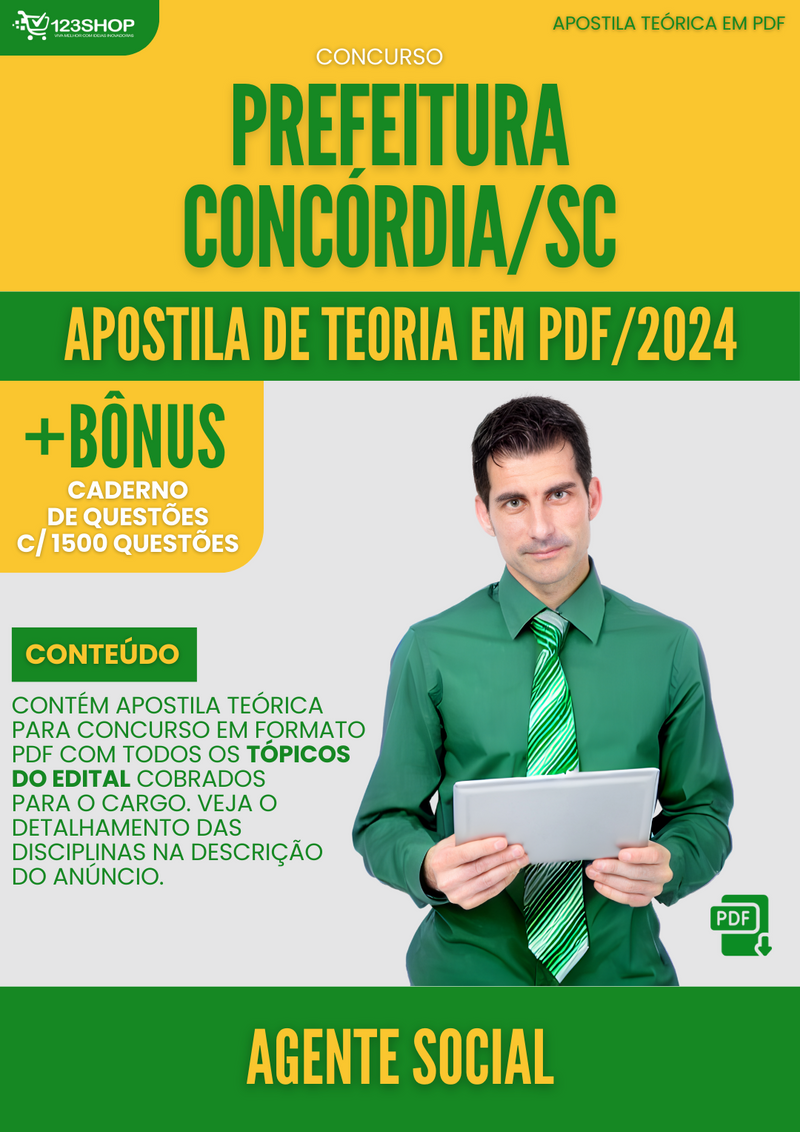 Apostila Teórica para Concurso Prefeitura Concórdia SC 2024 Agente Social - Com Caderno de Questões