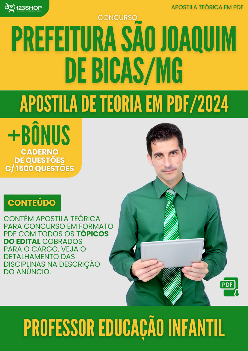 Apostila Teórica para Concurso Pref São Joaquim de Bicas MG 2024 Professor Educação Infantil - Com Caderno de Questões