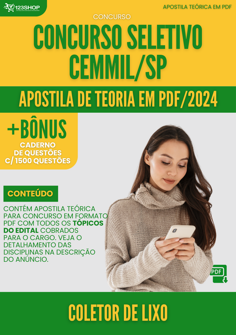 Apostila Teórica para Concurso Seletivo CEMMIL SP 2024 Coletor de Lixo - Com Caderno de Questões