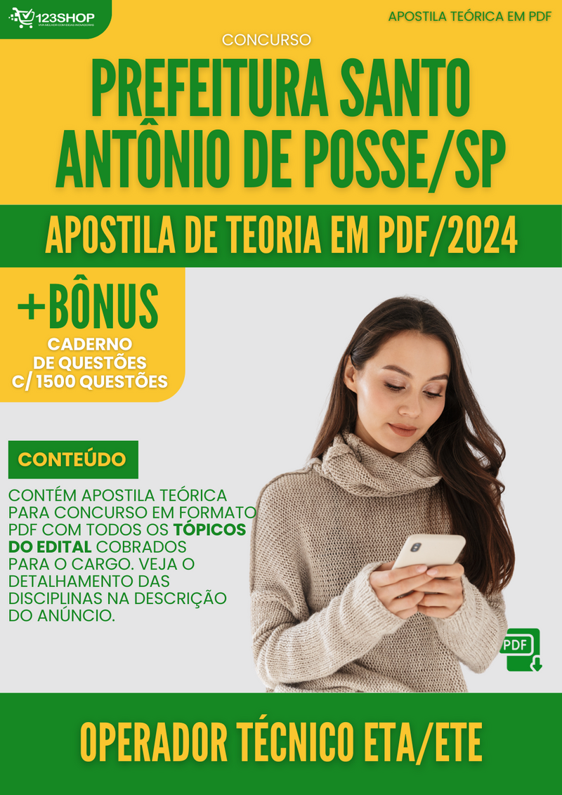 Apostila Teórica para Concurso Pref Santo Antônio De Posse SP 2024 Operador Técnico ETA ETE - Com Caderno de Questões