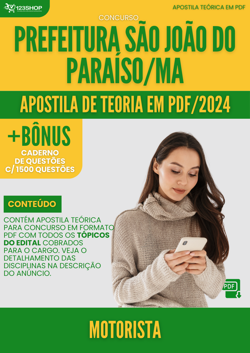 Apostila Teórica para Concurso Pref São João do Paraíso MA 2024 Motorista - Com Caderno de Questões