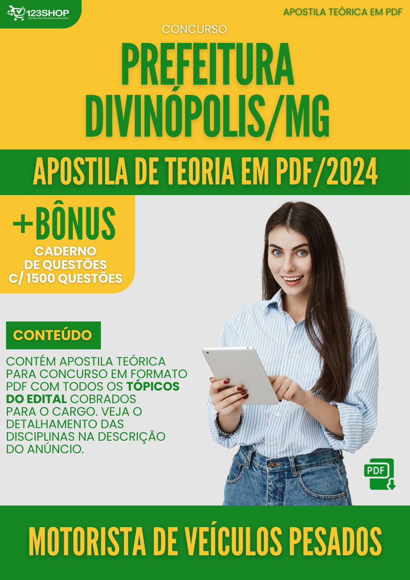 Apostila Teórica para Concurso Prefeitura Divinópolis MG 2024 Motorista de Veículos Pesados - Com Caderno de Questões