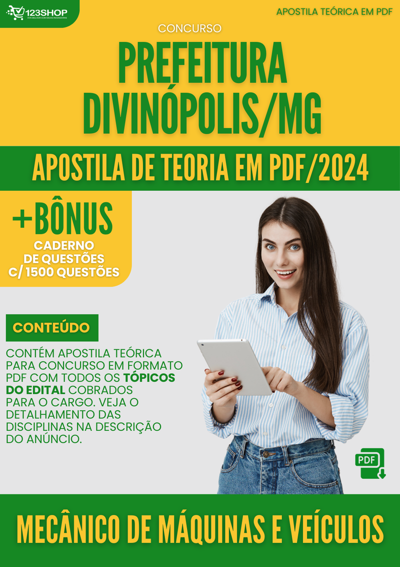 Apostila Teórica para Concurso Prefeitura Divinópolis MG 2024 Mecânico de Máquinas e Veículos - Com Caderno de Questões