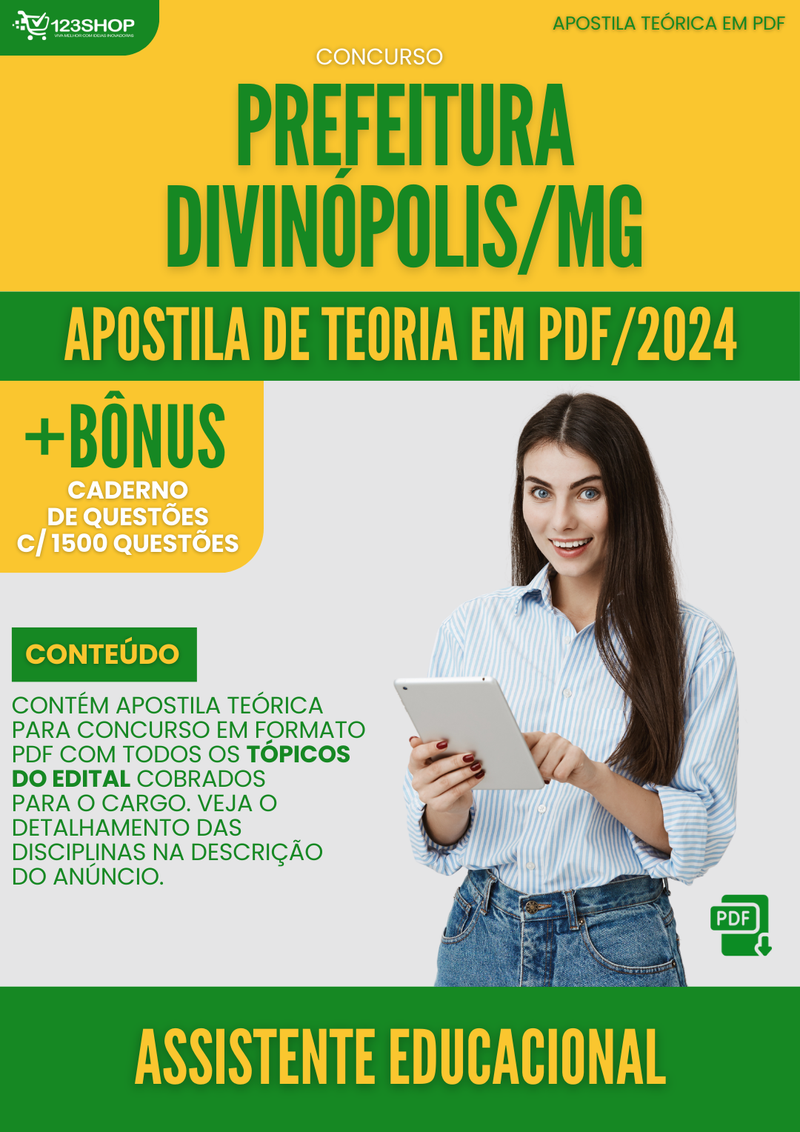 Apostila Teórica para Concurso Prefeitura Divinópolis MG 2024 Assistente Educacional - Com Caderno de Questões