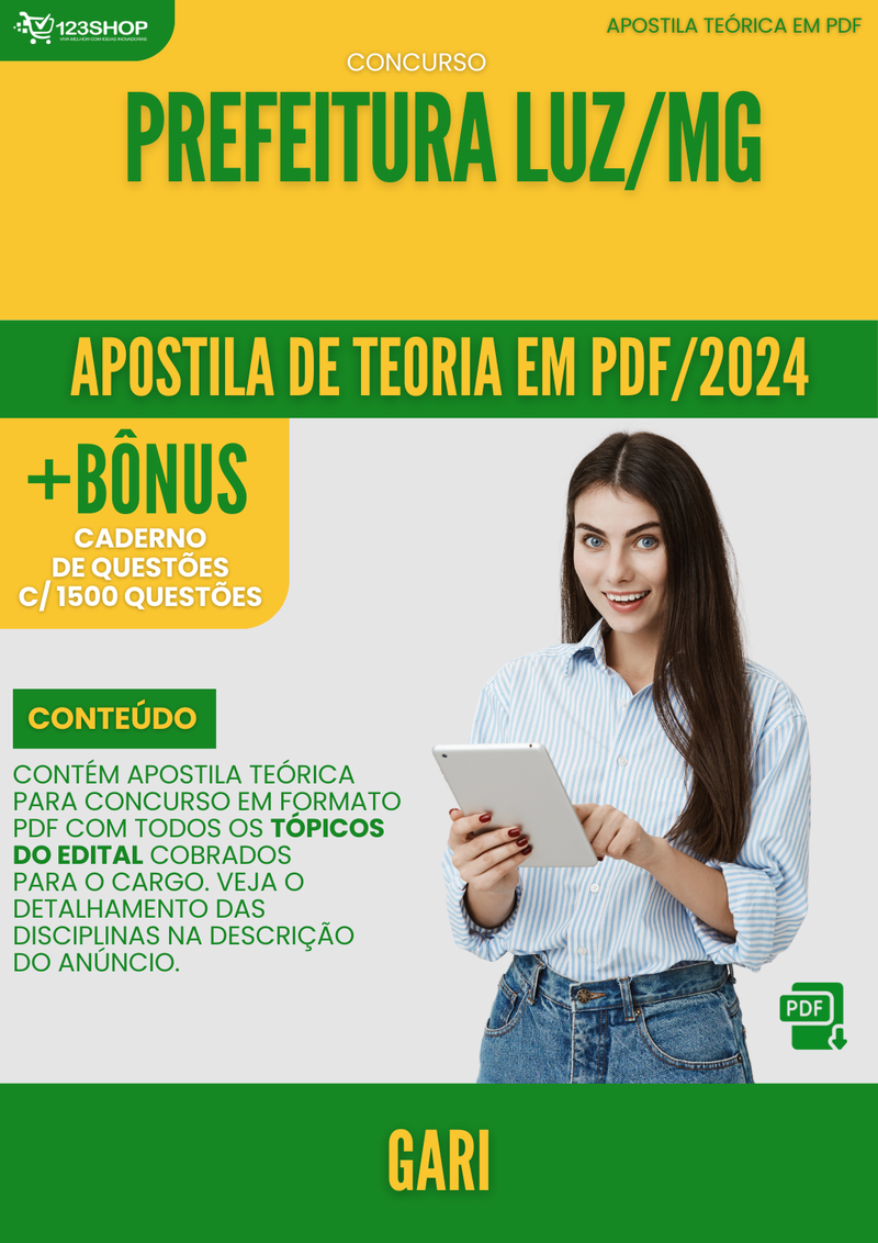 Apostila Teórica para Concurso Prefeitura Luz MG 2024 Gari - Com Caderno de Questões