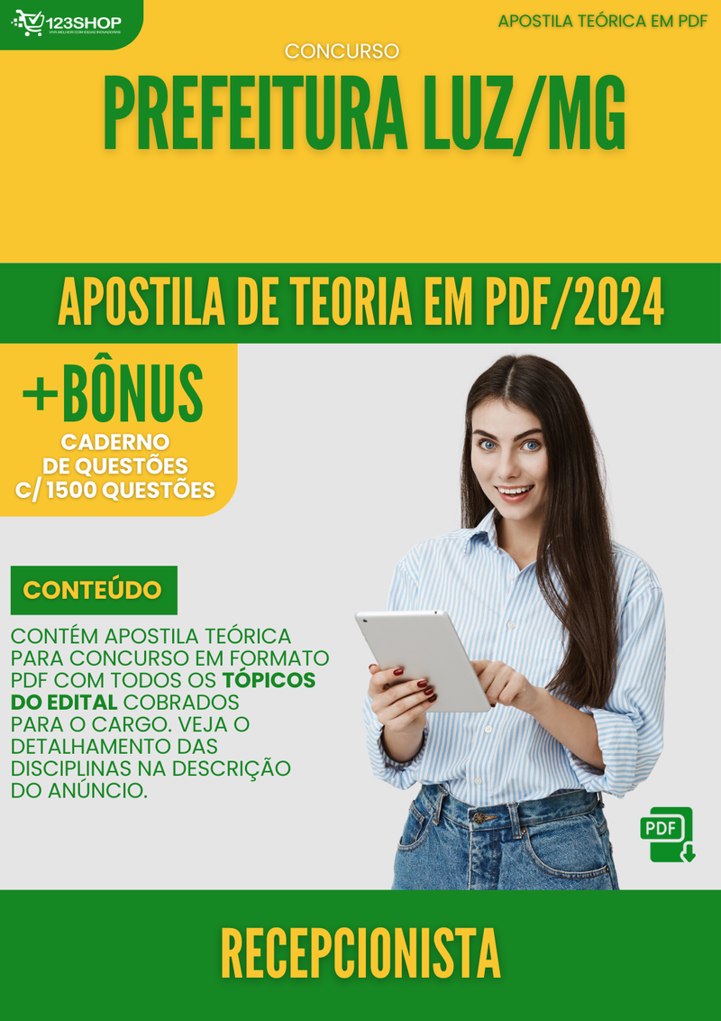 Apostila Teórica para Concurso Prefeitura Luz MG 2024 Recepcionista - Com Caderno de Questões