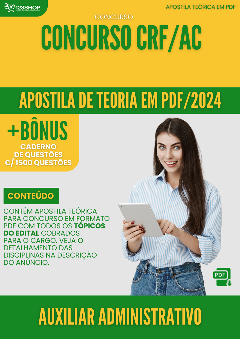 Apostila Teórica para Concurso CRF AC 2024 Auxiliar Administrativo - Com Caderno de Questões