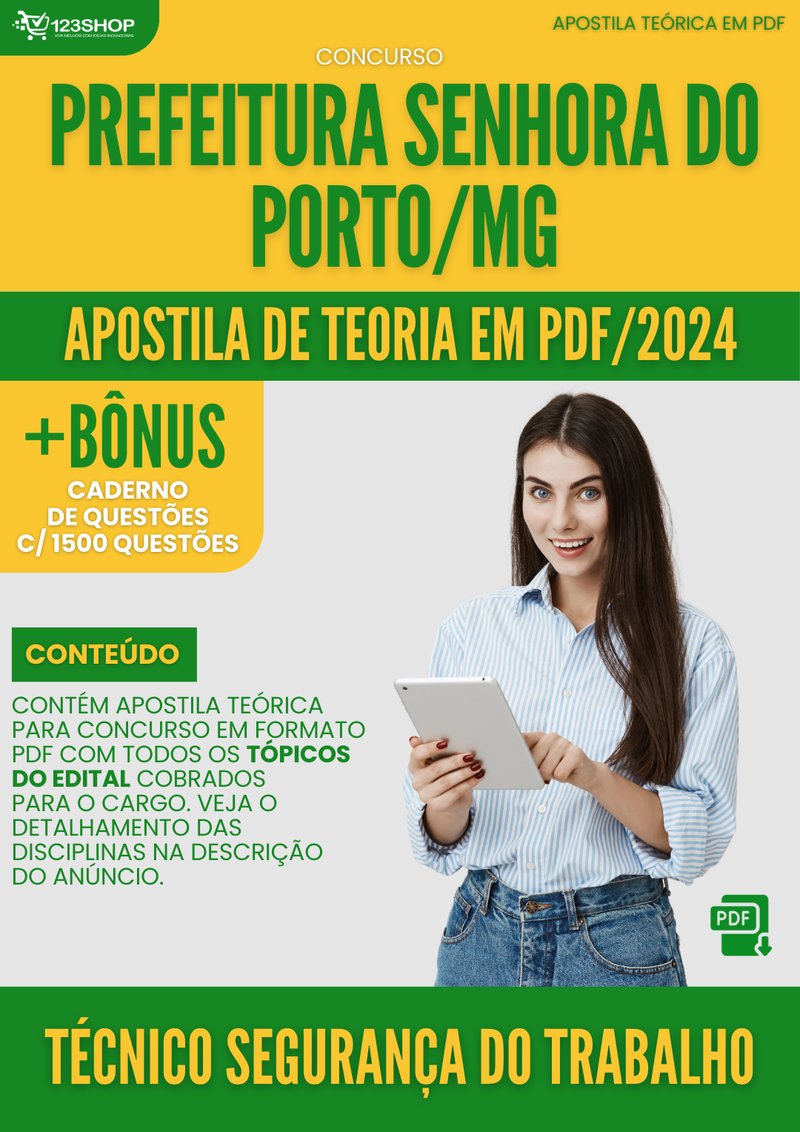 Apostila Teórica para Concurso Prefeitura Senhora Porto MG 2024 Técnico Seg Trabalho - Com Caderno de Questões