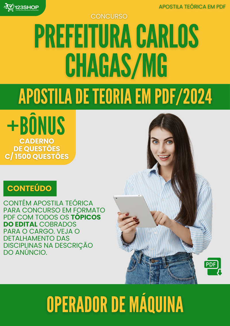 Apostila Teórica para Concurso Prefeitura Carlos Chagas MG 2024 Operador de Máquina - Com Caderno de Questões