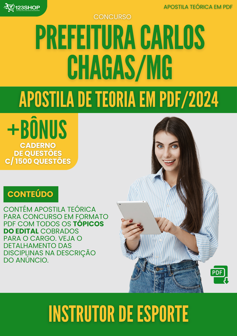 Apostila Teórica para Concurso Prefeitura Carlos Chagas MG 2024 Instrutor de Esporte - Com Caderno de Questões