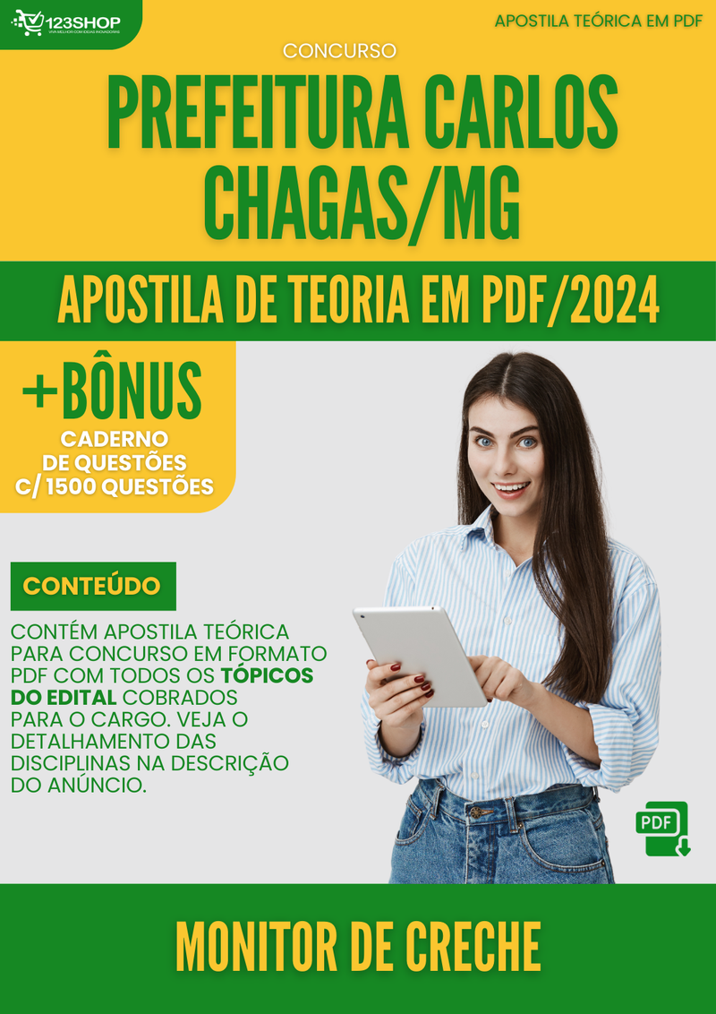 Apostila Teórica para Concurso Prefeitura Carlos Chagas MG 2024 Monitor de Creche - Com Caderno de Questões