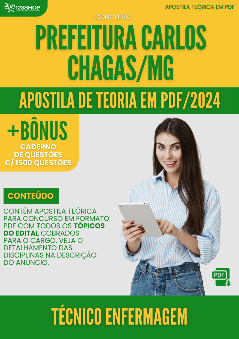 Apostila Teórica para Concurso Prefeitura Carlos Chagas MG 2024 Técnico Enfermagem - Com Caderno de Questões
