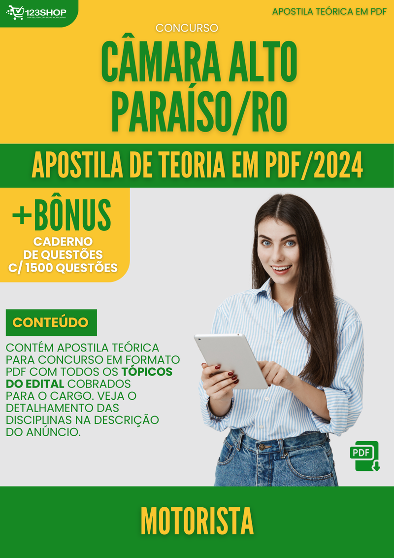 Apostila Teórica para Concurso Câmara Alto Paraiso RO 2024 Motorista - Com Caderno de Questões