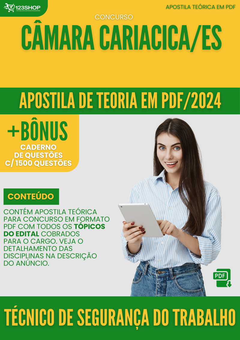 Apostila Teórica para Concurso Câmara Cariacica ES 2024 Técnico De Segurança Do Trabalho - Com Caderno de Questões