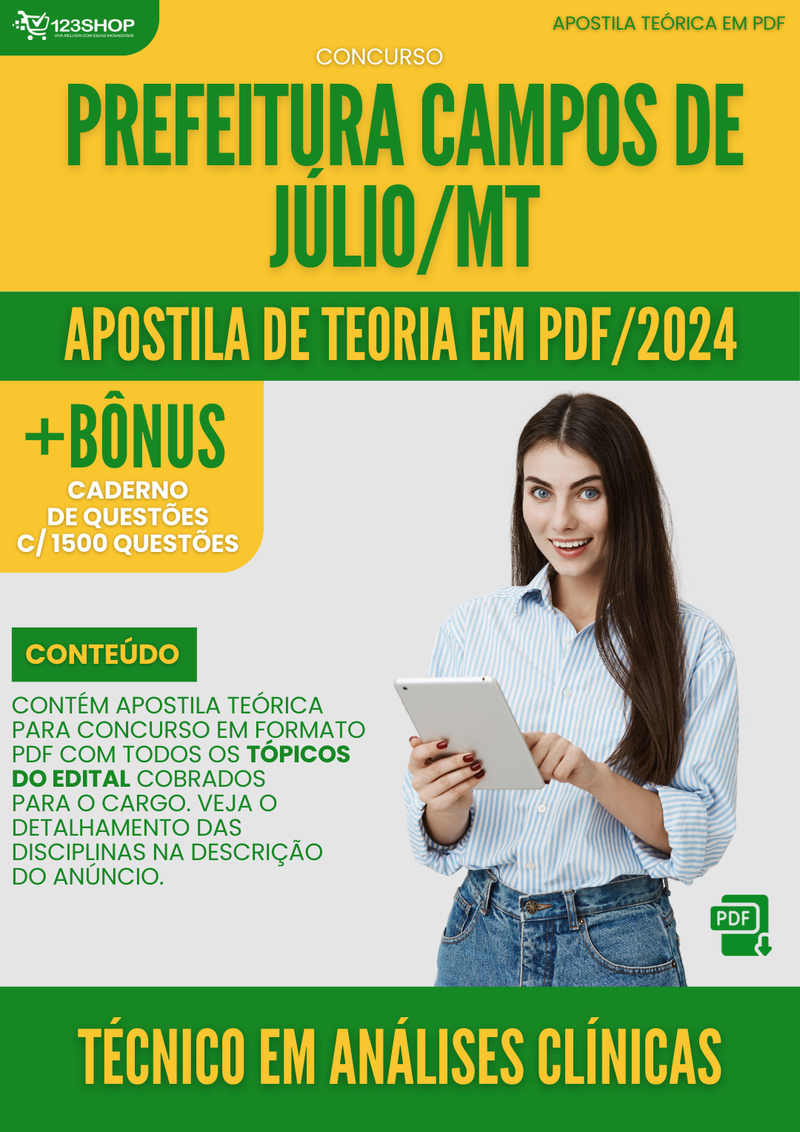 Apostila Teórica para Concurso Prefeitura Campos Júlio MT 2024 Tec Análises Clínicas - Com Caderno de Questões