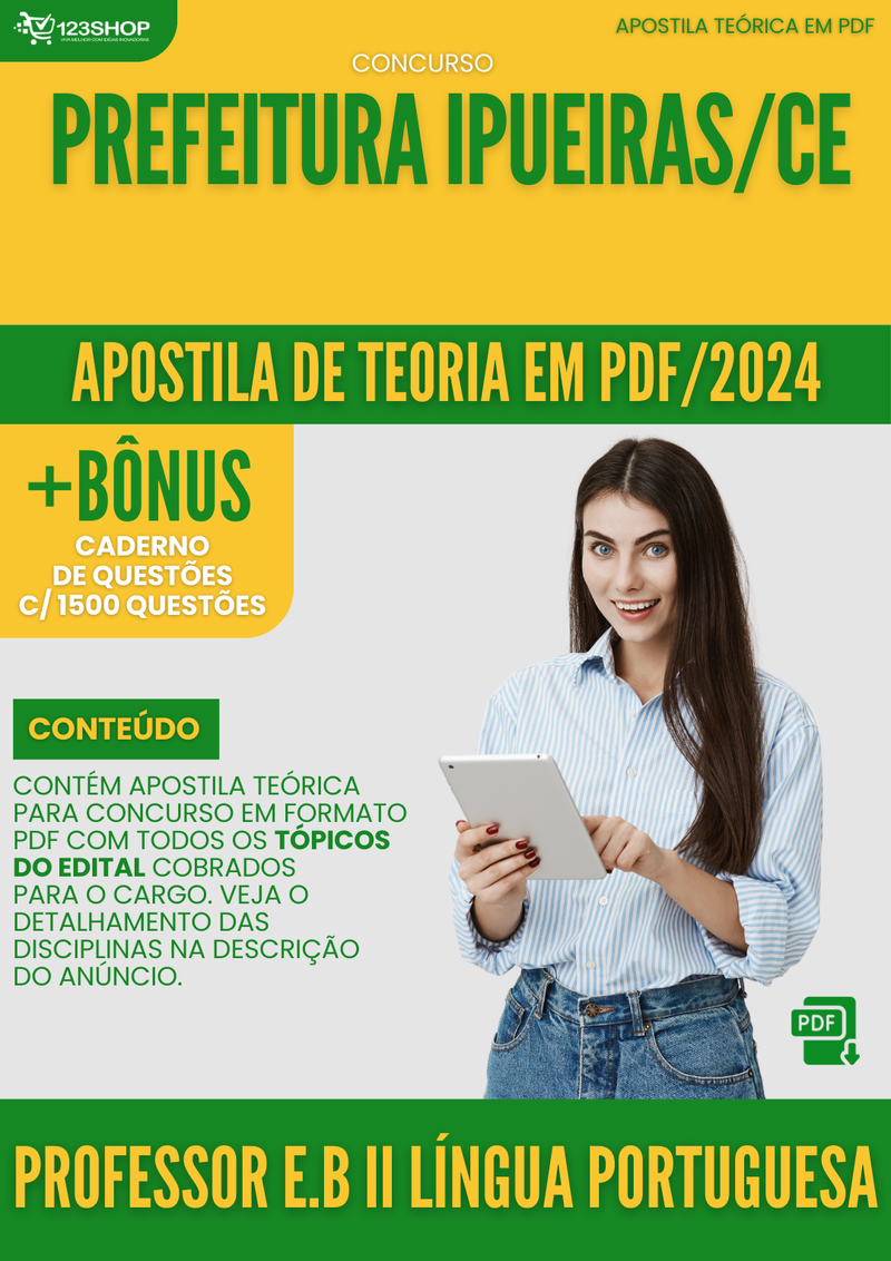 Apostila Teórica para Concurso Prefeitura Ipueiras CE 2024 Professor E.B II Língua Portuguesa - Com Caderno de Questões