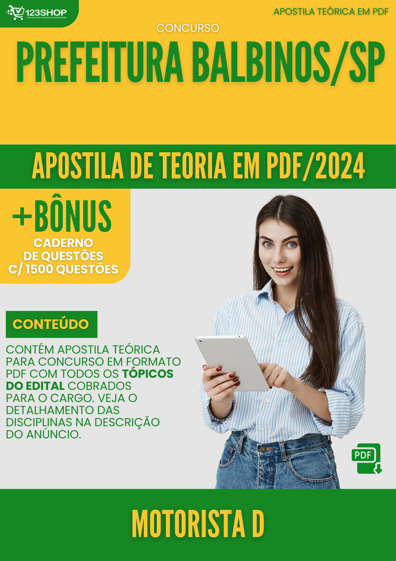 Apostila Teórica para Concurso Prefeitura Balbinos SP 2024 Motorista D - Com Caderno de Questões