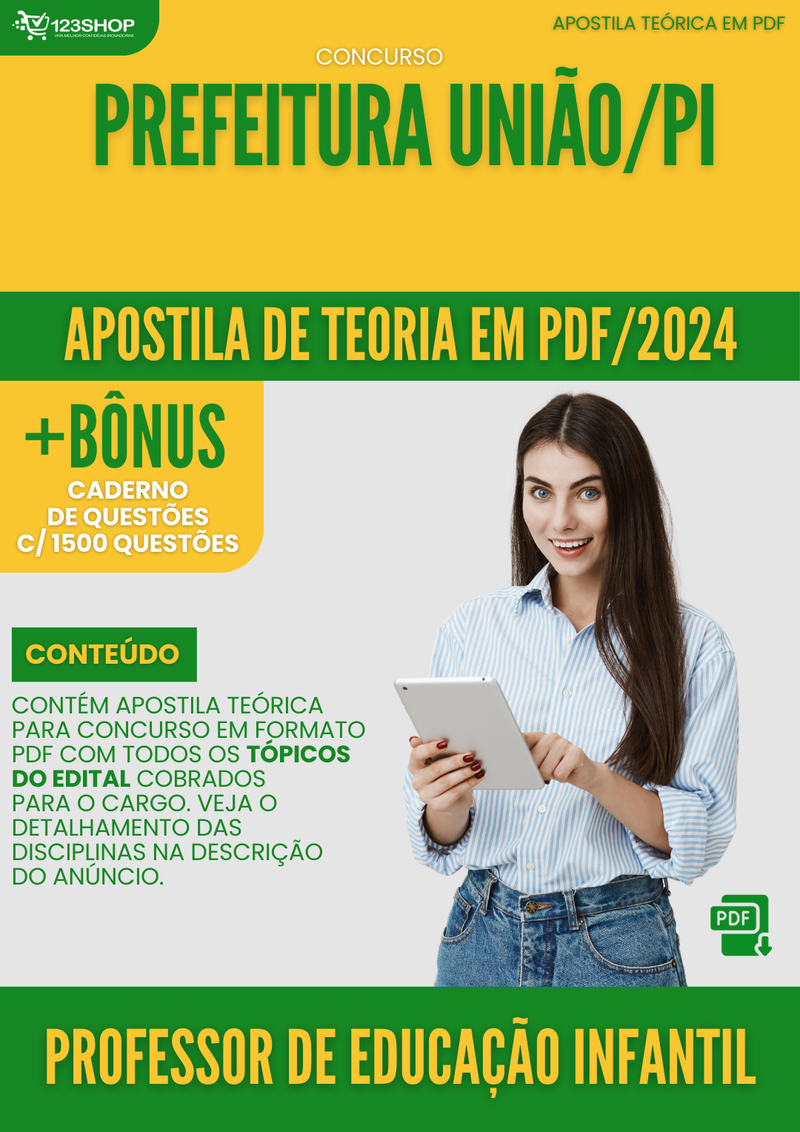 Apostila Teórica para Concurso Prefeitura União PI 2024 Professor de Educação Infantil - Com Caderno de Questões