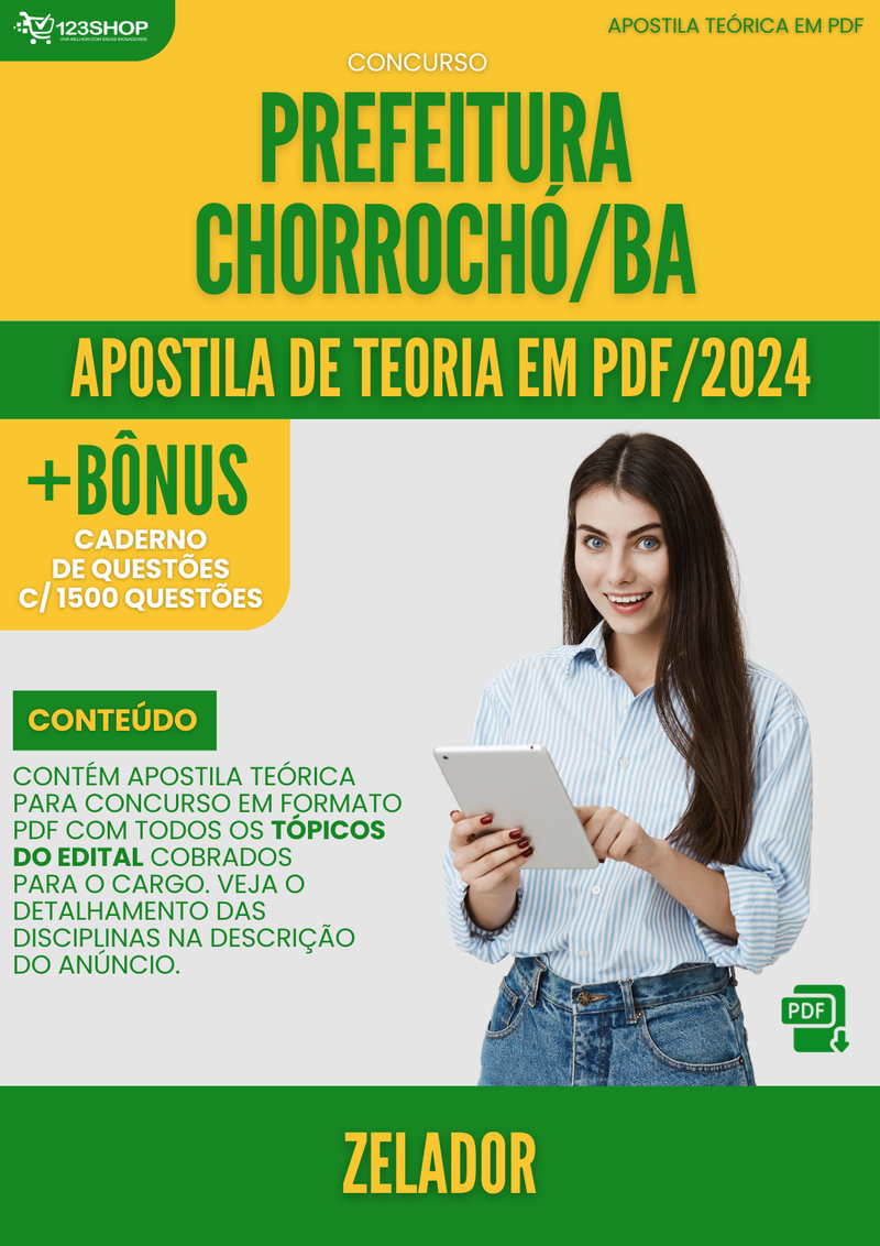 Apostila Teórica para Concurso Prefeitura Chorrochó BA 2024 Zelador - Com Caderno de Questões